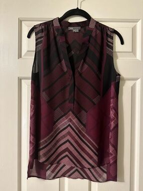 Vince Burgundy, Black & Pink Sleeveless V-Neck Chevron Blouse